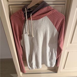 AMPERSAND AVE Pink, Gray, and White Striped Hoodie